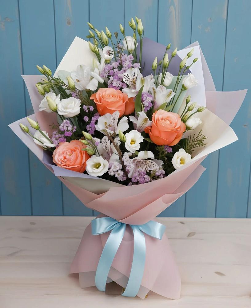 Букет цветов из: Лизиантусы, Розы, Альстромерии и Гипсофила в Петровском