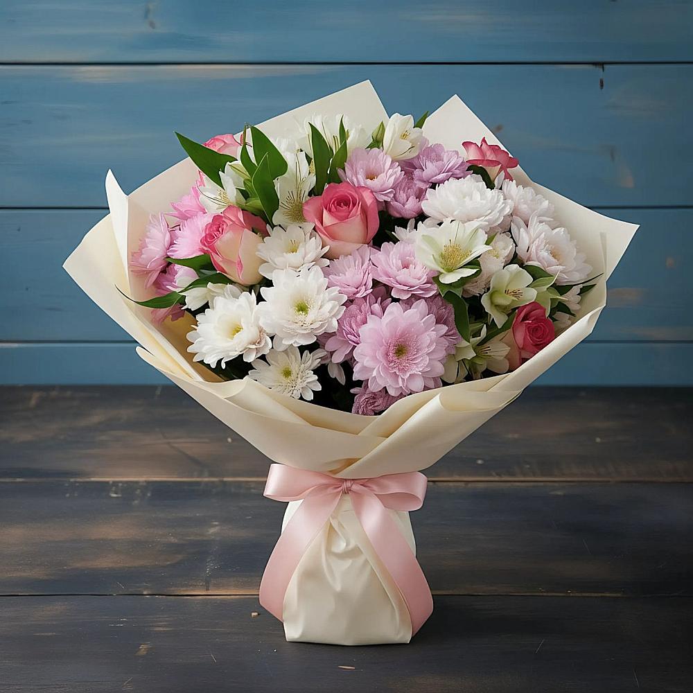 Букет цветов из: Хризантемы, Альстромерии и Розы в Петровском